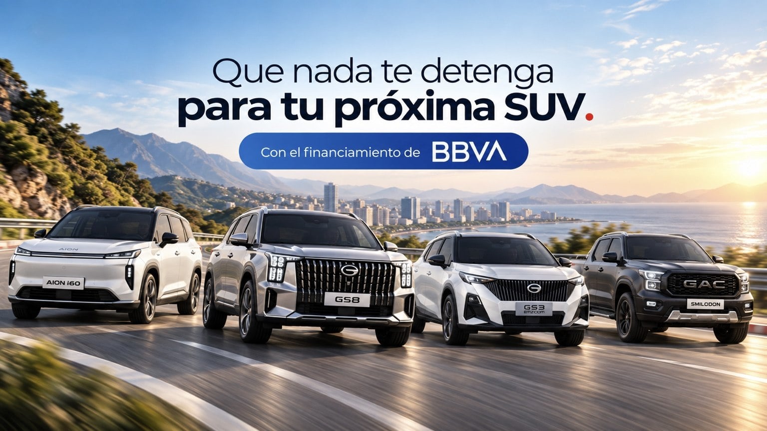 Que nada te detenga para tu próxima SUV. Con el financiamiento de BBVA. GAC AION i60, GS8, GS3 EMZOOM y SMILODON.